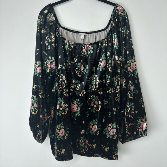 Cato Top Size 18/20w Velvet Black Floral Bishop Sleeve Babydoll Dark Romantic - Picture 1 of 7